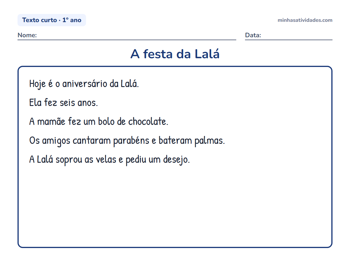 Textos curtos para alfabetização e letramento: 20 textos para imprimir (1º e 2º ano) 6 A festa da Lalá: texto curto para alfabetização e letramento (1º ano) para imprimir