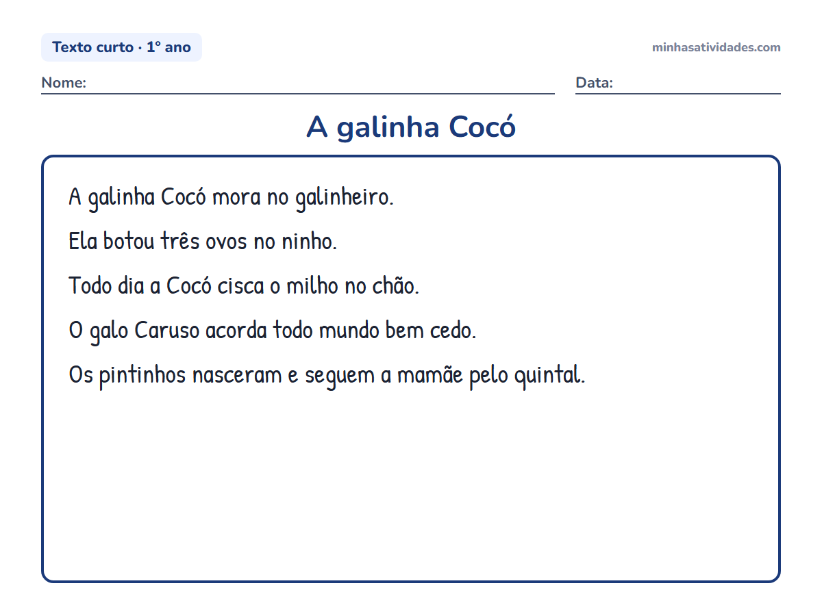 Textos curtos para alfabetização e letramento: 20 textos para imprimir (1º e 2º ano) 11 A galinha Cocó: texto curto para alfabetização e letramento (1º ano) para imprimir
