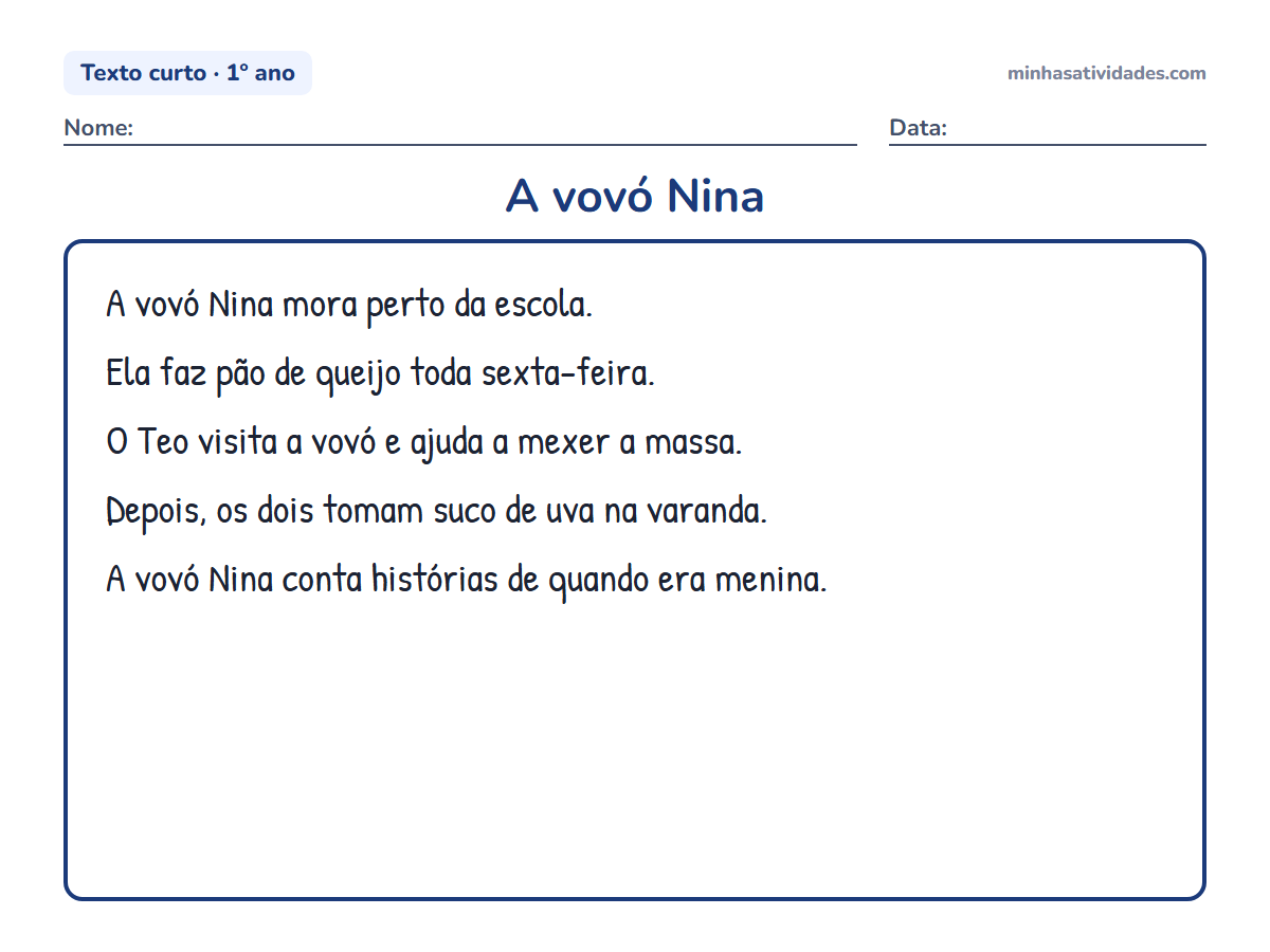 Textos curtos para alfabetização e letramento: 20 textos para imprimir (1º e 2º ano) 9 A vovó Nina: texto curto para alfabetização e letramento (1º ano) para imprimir