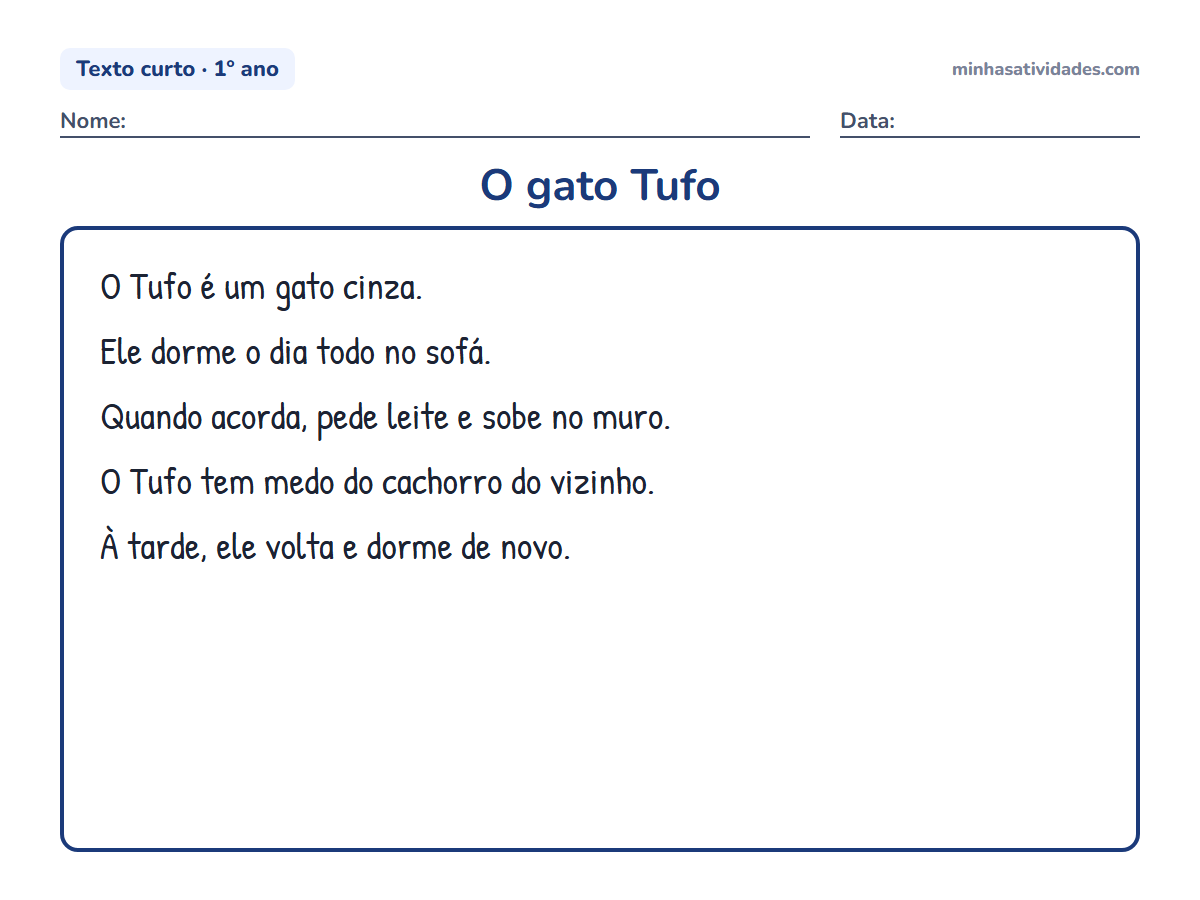 Textos curtos para alfabetização e letramento: 20 textos para imprimir (1º e 2º ano) 3 O gato Tufo: texto curto para alfabetização e letramento (1º ano) para imprimir