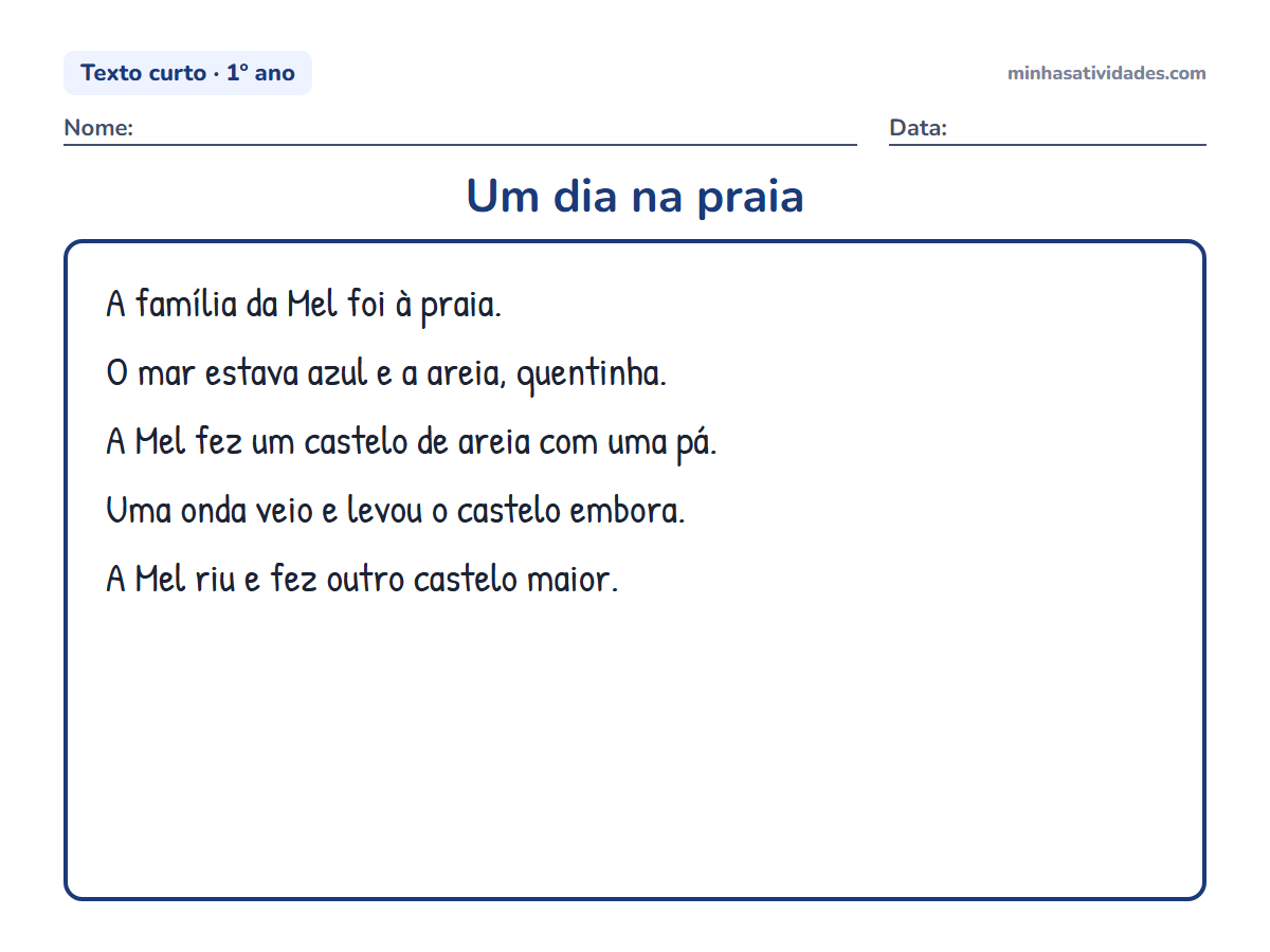 Textos curtos para alfabetização e letramento: 20 textos para imprimir (1º e 2º ano) 10 Um dia na praia: texto curto para alfabetização e letramento (1º ano) para imprimir