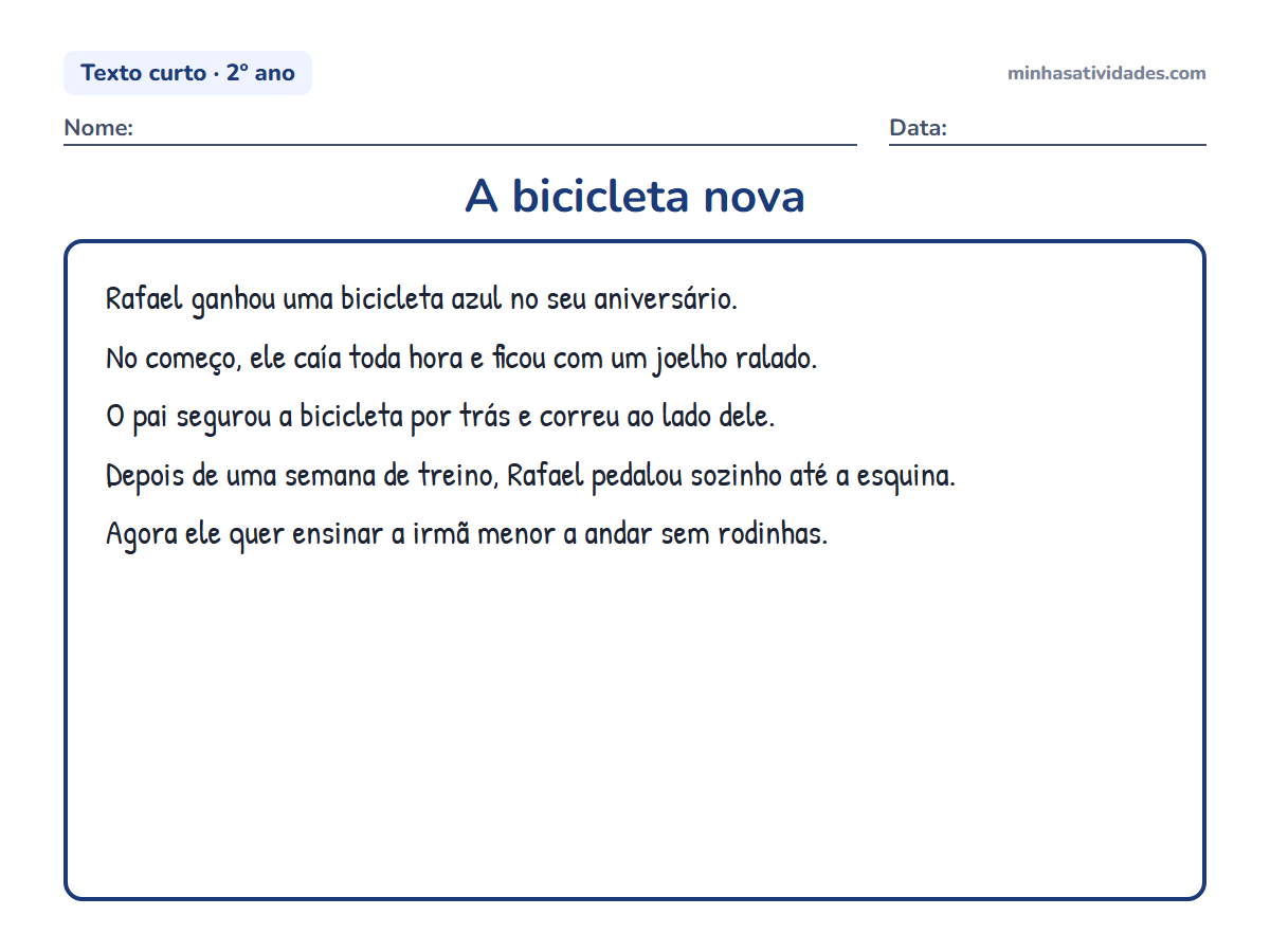 Textos curtos para alfabetização e letramento: 20 textos para imprimir (1º e 2º ano) 13 A bicicleta nova: texto curto para alfabetização e letramento (2º ano) para imprimir