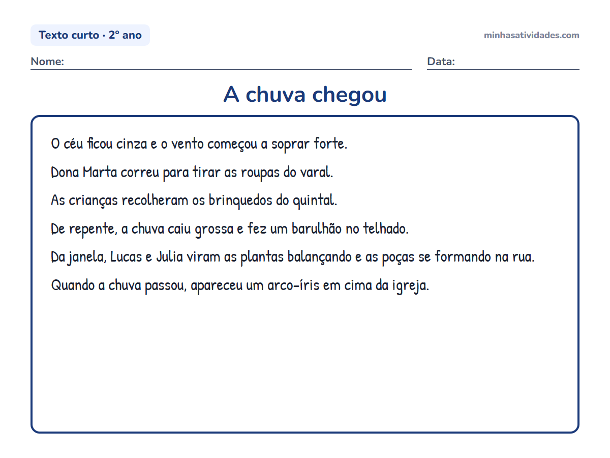 Textos curtos para alfabetização e letramento: 20 textos para imprimir (1º e 2º ano) 16 A chuva chegou: texto curto para alfabetização e letramento (2º ano) para imprimir