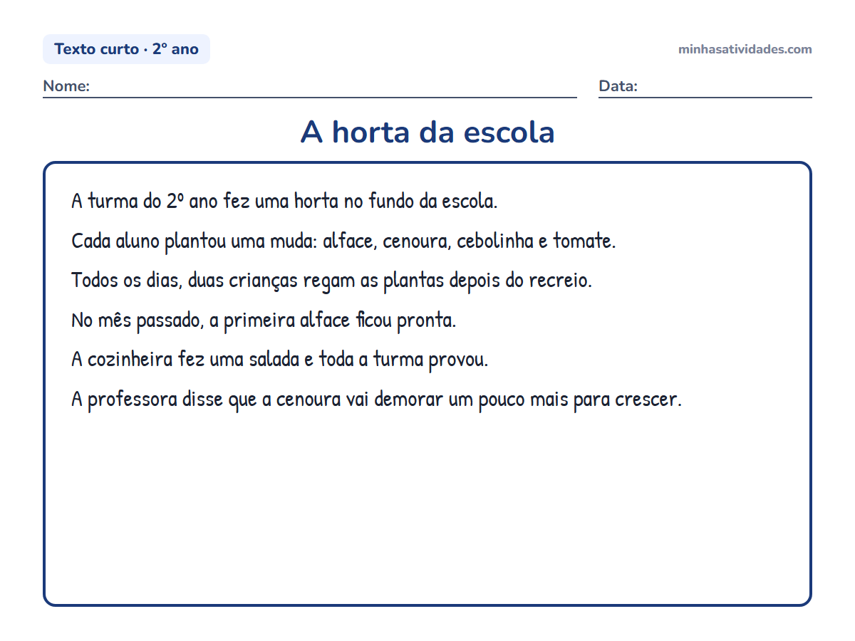 Textos curtos para alfabetização e letramento: 20 textos para imprimir (1º e 2º ano) 14 A horta da escola: texto curto para alfabetização e letramento (2º ano) para imprimir