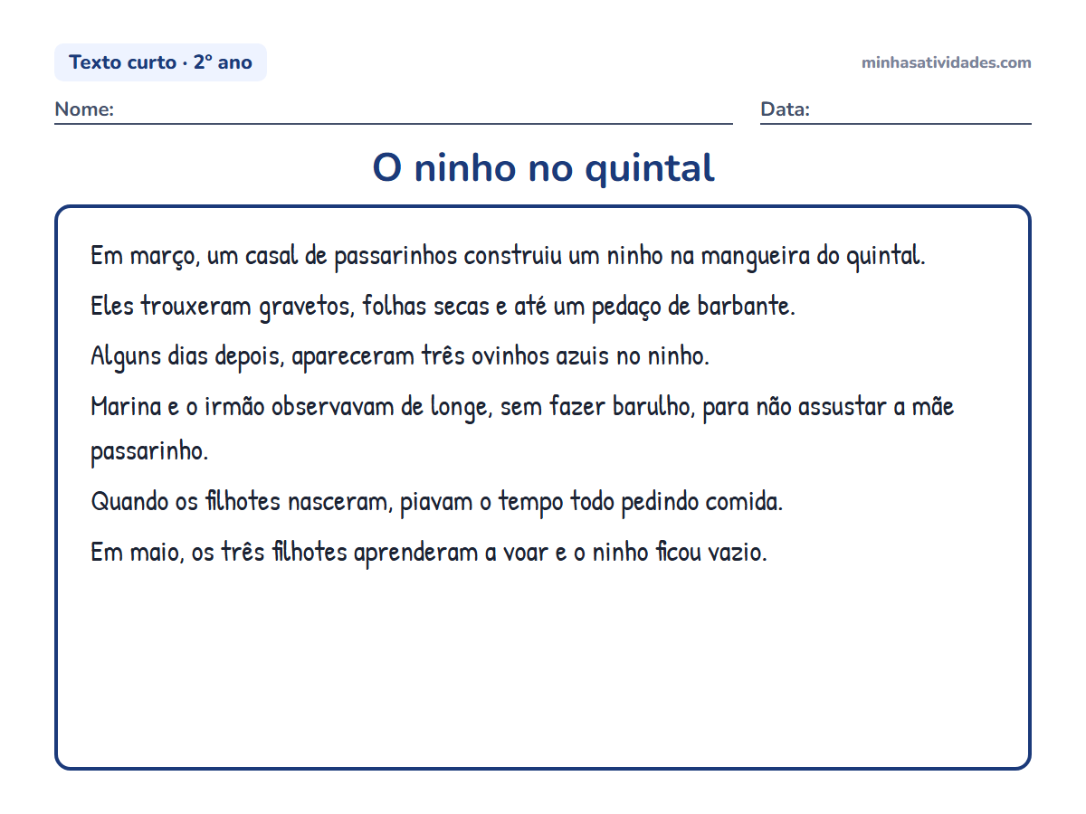 Textos curtos para alfabetização e letramento: 20 textos para imprimir (1º e 2º ano) 19 O ninho no quintal: texto curto para alfabetização e letramento (2º ano) para imprimir