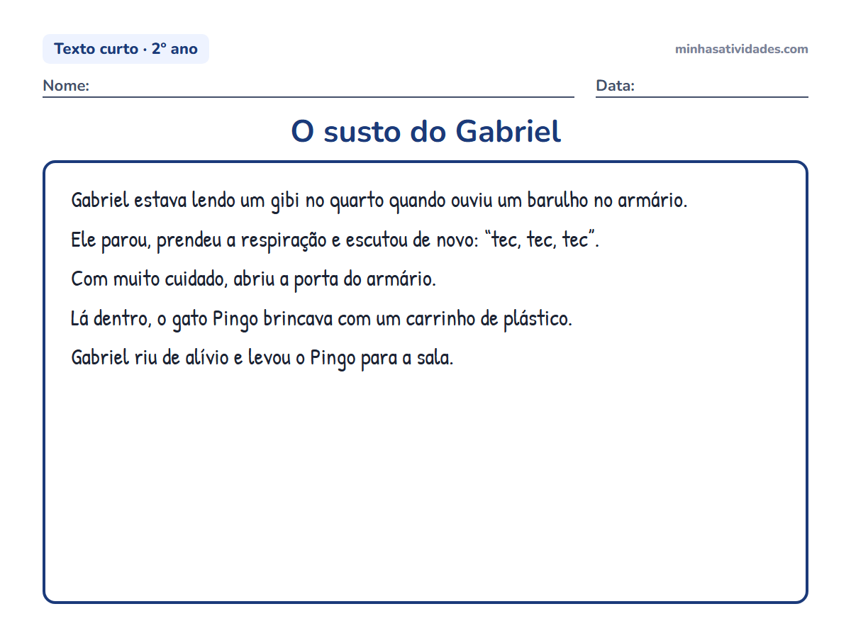 Textos curtos para alfabetização e letramento: 20 textos para imprimir (1º e 2º ano) 15 O susto do Gabriel: texto curto para alfabetização e letramento (2º ano) para imprimir