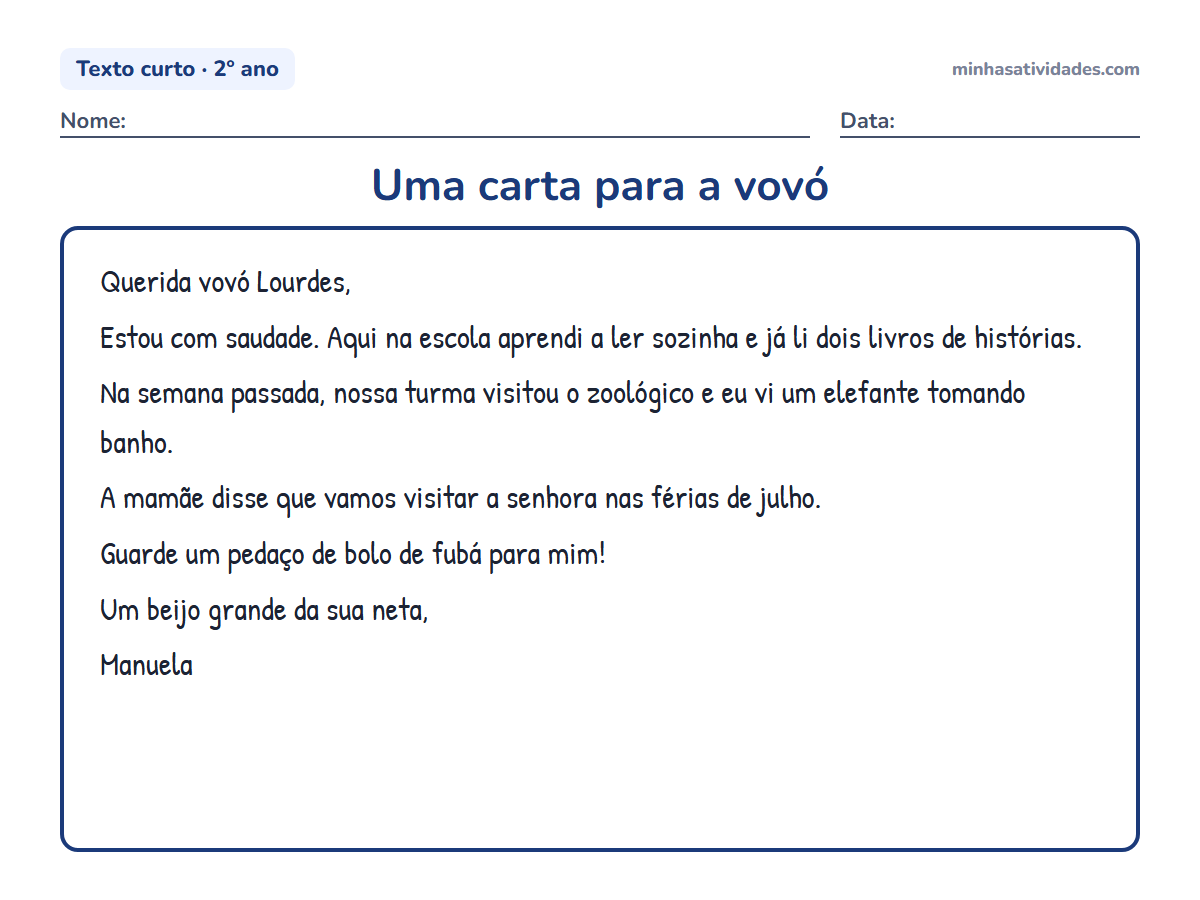 Textos curtos para alfabetização e letramento: 20 textos para imprimir (1º e 2º ano) 18 Uma carta para a vovó: texto curto para alfabetização e letramento (2º ano) para imprimir