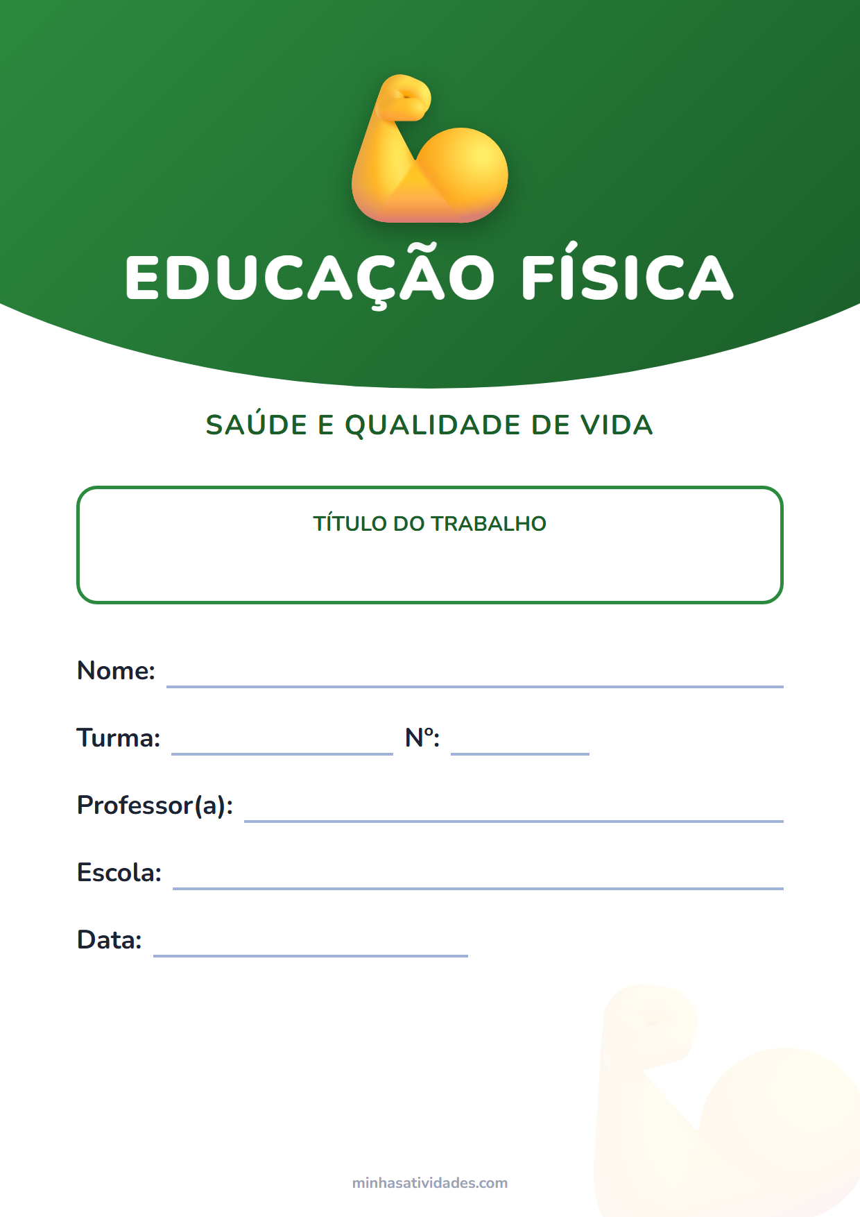 Capa de trabalho de educação física para imprimir: 22 modelos (PDF e Word) 23 Capa para trabalho de saúde e atividade física para imprimir, com espaço para nome, turma, professor e escola