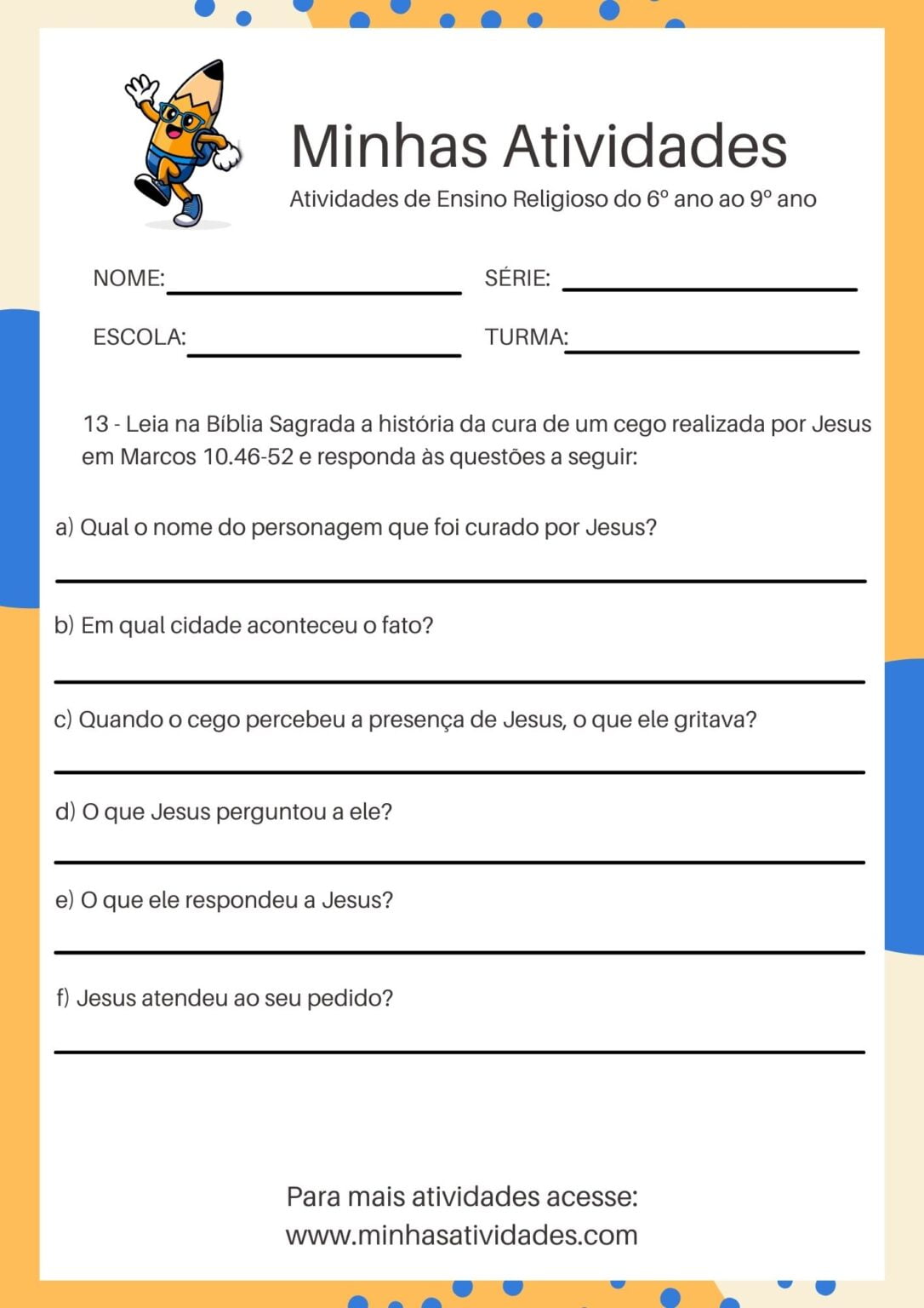 Atividades De Ensino Religioso Do 6º Ano Ao 9º Ano