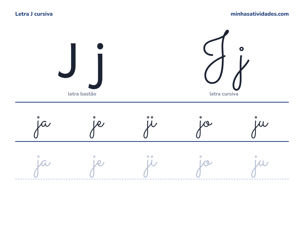 Atividades com a letra J para imprimir: 92 atividades (JA JE JI JO JU) 78 Letra J cursiva maiúscula e minúscula com a família silábica ja je ji jo ju para imprimir