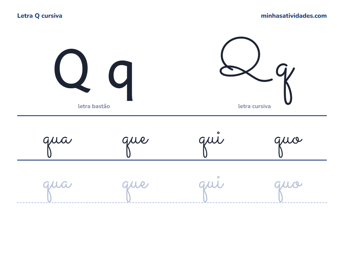 Letra Q cursiva maiúscula e minúscula com a família silábica qua que qui quo para imprimir