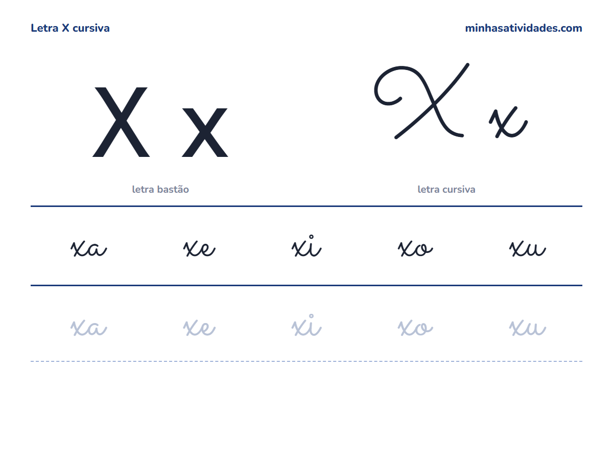 Atividades com a letra X para imprimir: 36 atividades (XA XE XI XO XU) 32 Letra X cursiva maiúscula e minúscula com a família silábica xa xe xi xo xu para imprimir