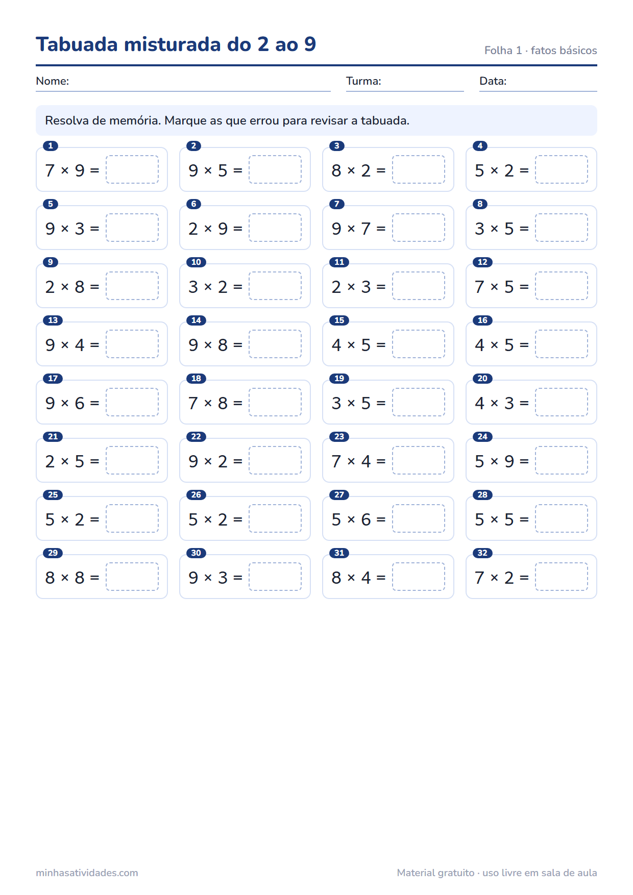 Atividades de multiplicação para imprimir: 2º, 3º e 4º ano (com gabarito em PDF) 2 Atividade de multiplicação para imprimir: tabuada misturada do 2 ao 9 (folha 1)