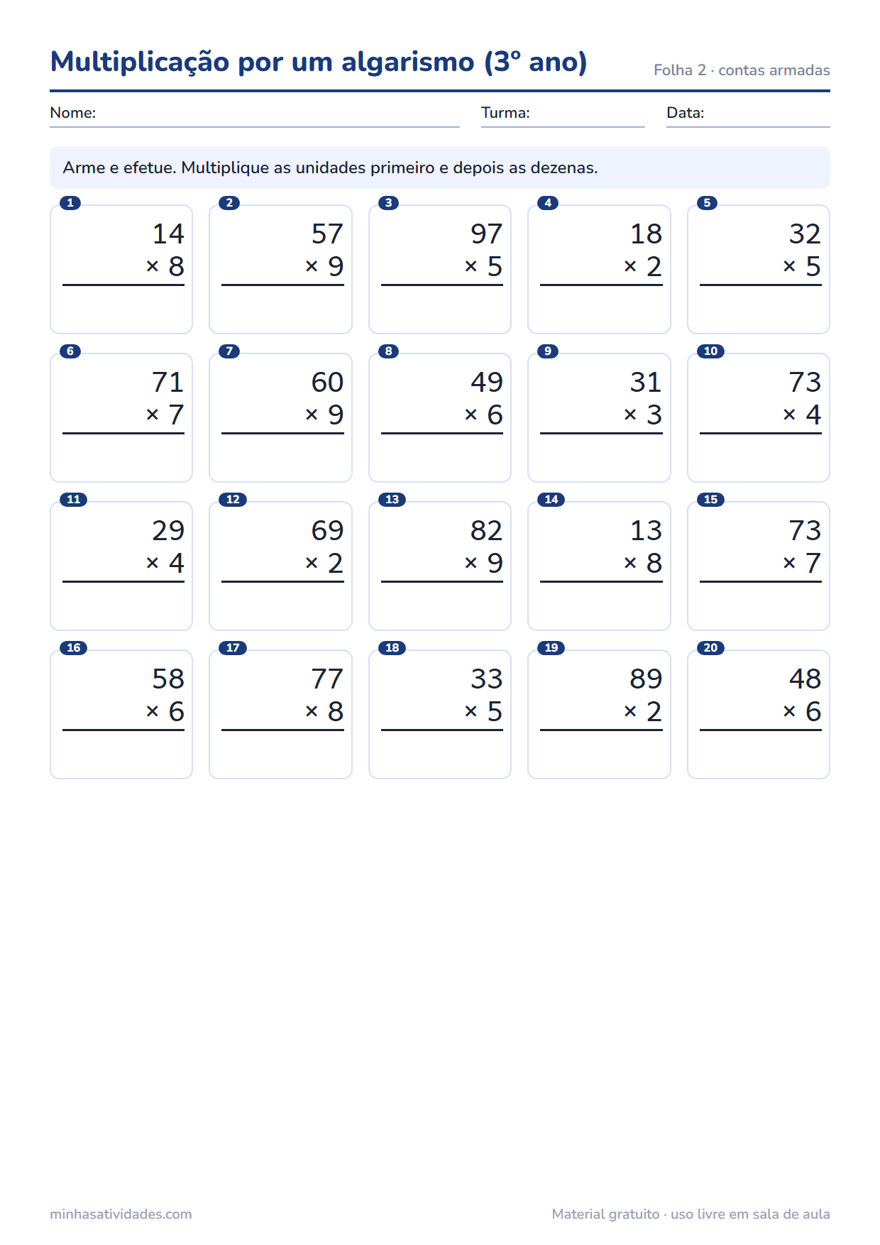 Atividades de multiplicação para imprimir: 2º, 3º e 4º ano (com gabarito em PDF) 3 Atividade de multiplicação para imprimir: multiplicação por um algarismo (3º ano) (folha 2)