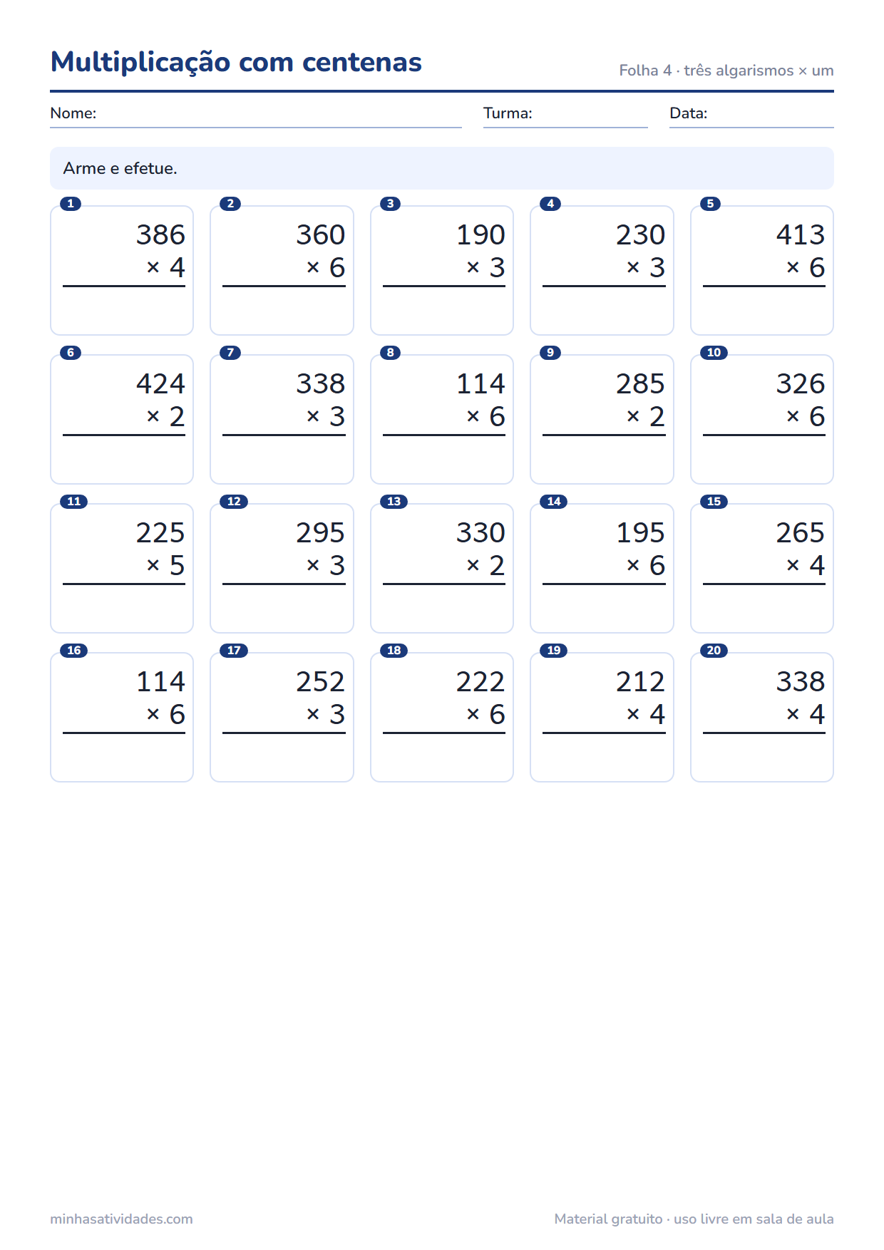 Atividades de multiplicação para imprimir: 2º, 3º e 4º ano (com gabarito em PDF) 5 Atividade de multiplicação para imprimir: multiplicação com centenas (folha 4)