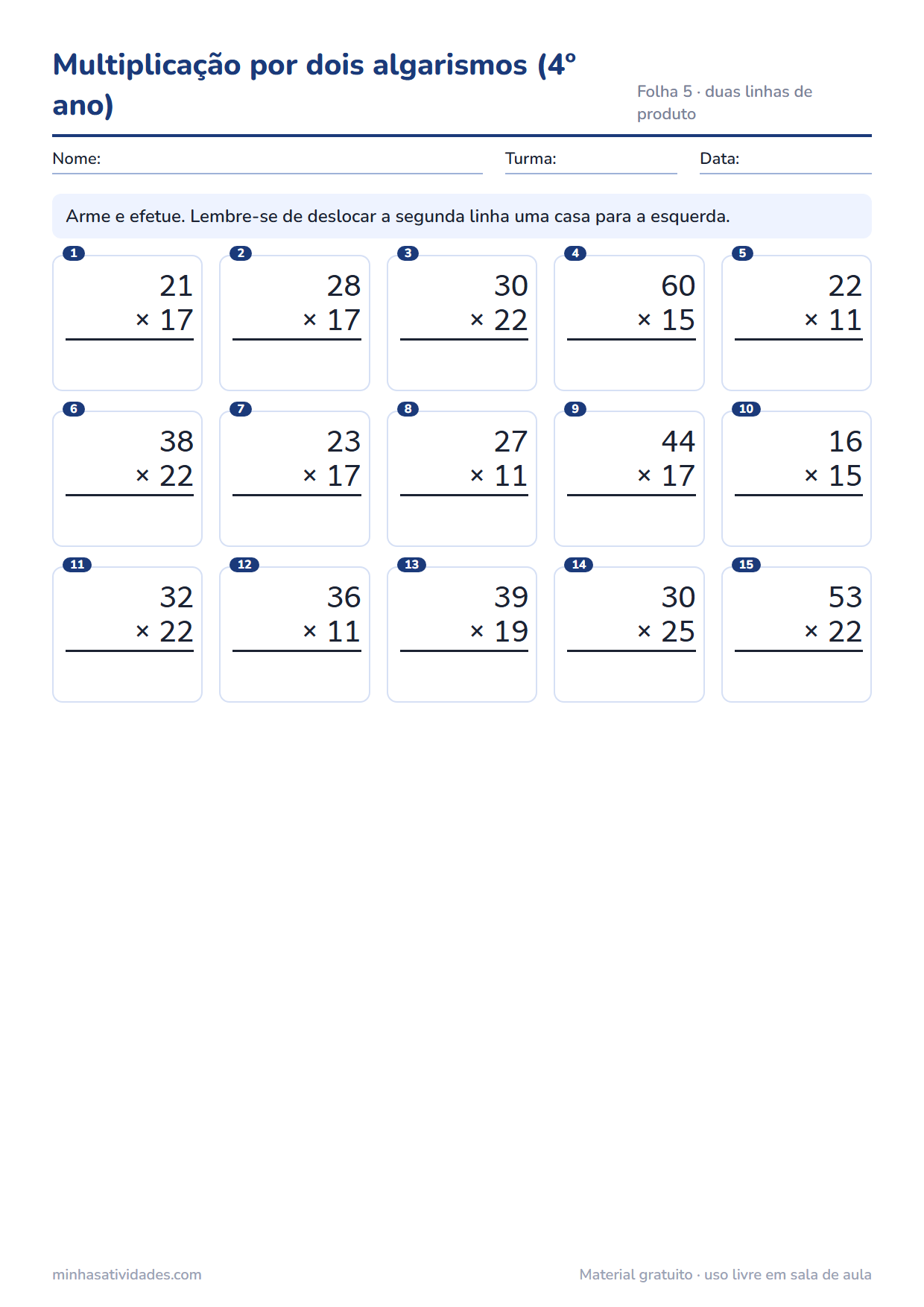 Atividades de multiplicação para imprimir: 2º, 3º e 4º ano (com gabarito em PDF) 6 Atividade de multiplicação para imprimir: multiplicação por dois algarismos (4º ano) (folha 5)