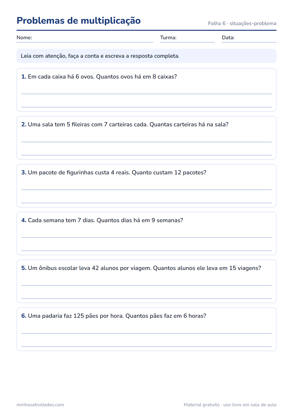 Atividades de multiplicação para imprimir: 2º, 3º e 4º ano (com gabarito em PDF) 7 Problemas de multiplicação para imprimir com resposta