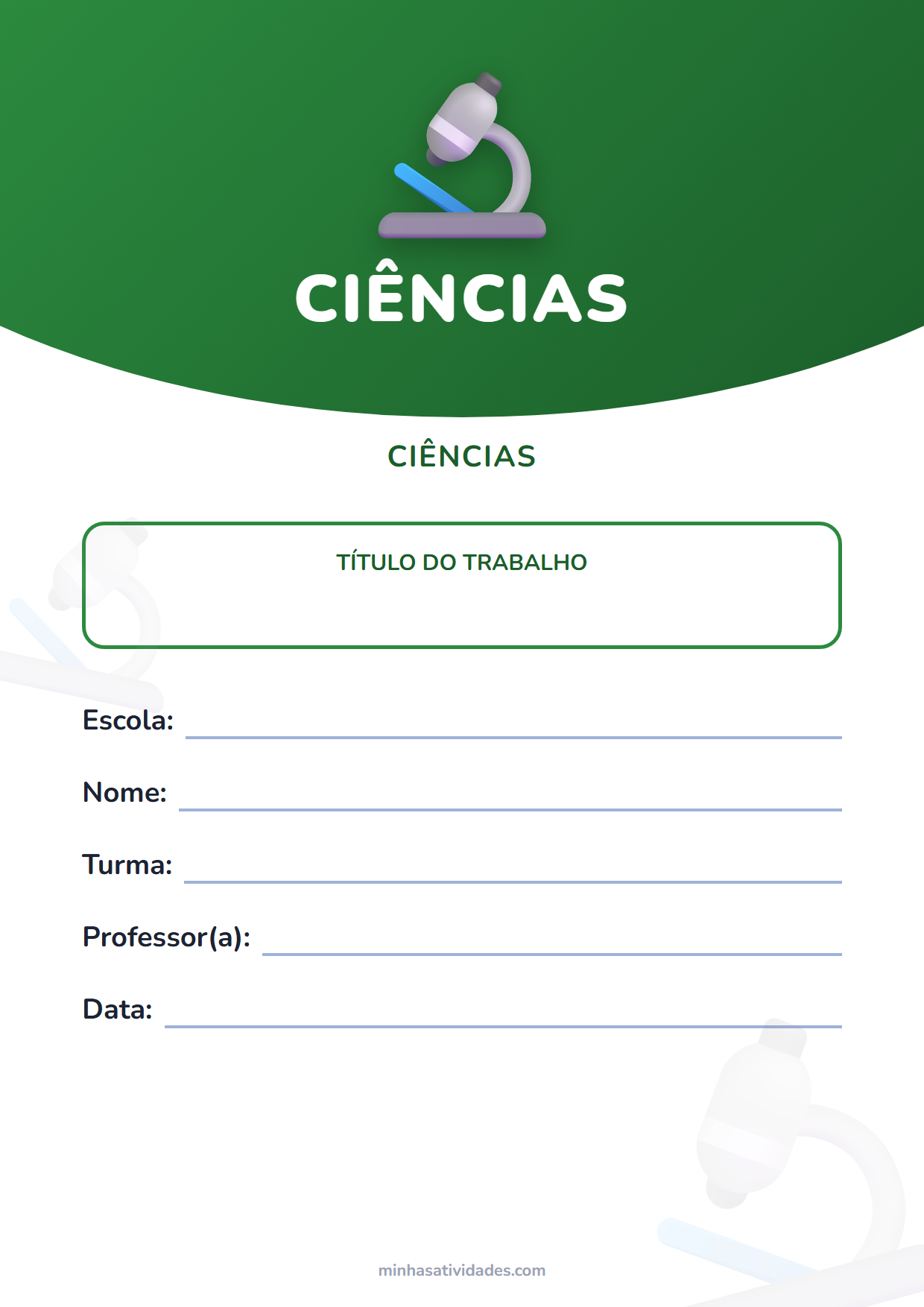 Capas de trabalho escolar para imprimir: 12 modelos por matéria (PDF e Word) 4 Capa de trabalho de ciências para imprimir, com espaço para nome, turma, professor e escola