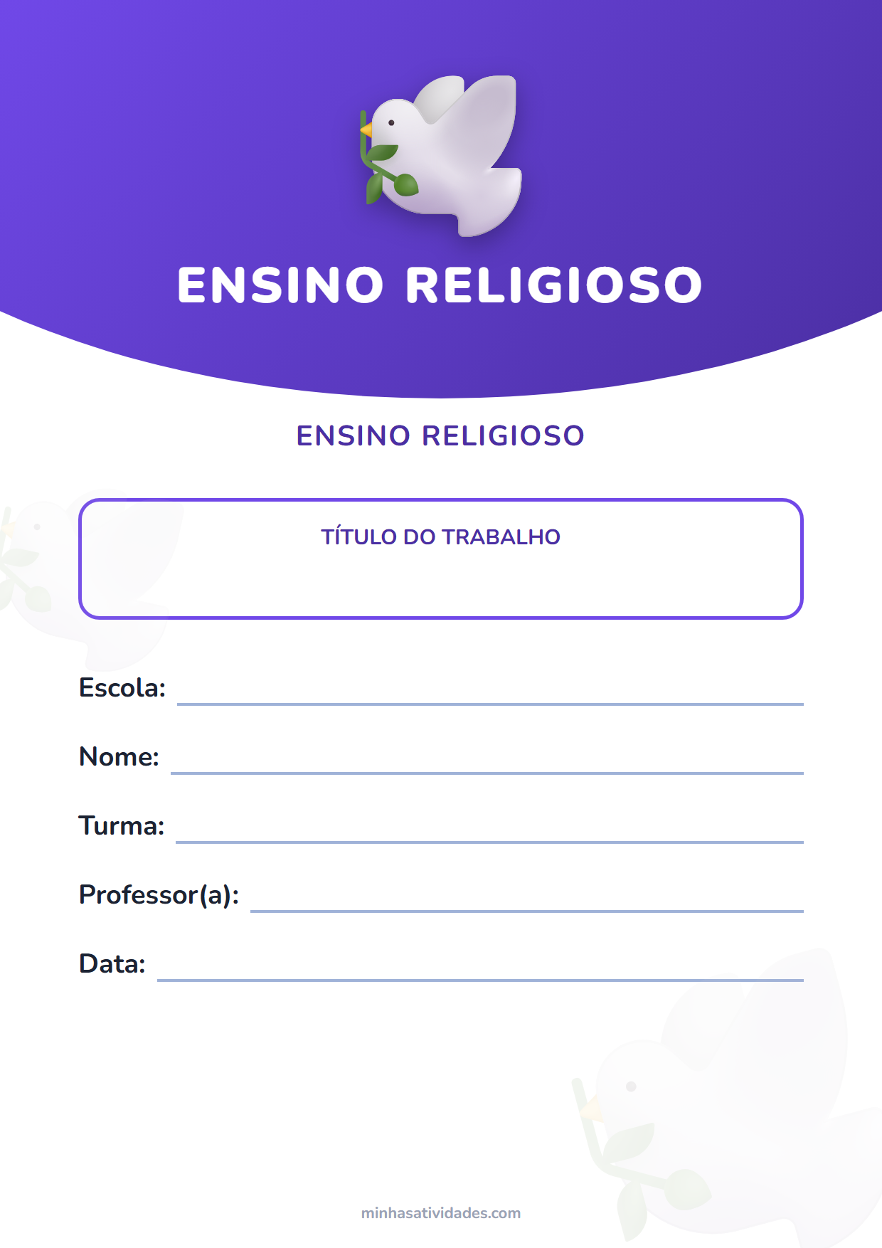 Capas de trabalho escolar para imprimir: 12 modelos por matéria (PDF e Word) 10 Capa de trabalho de ensino religioso para imprimir, com espaço para nome, turma, professor e escola