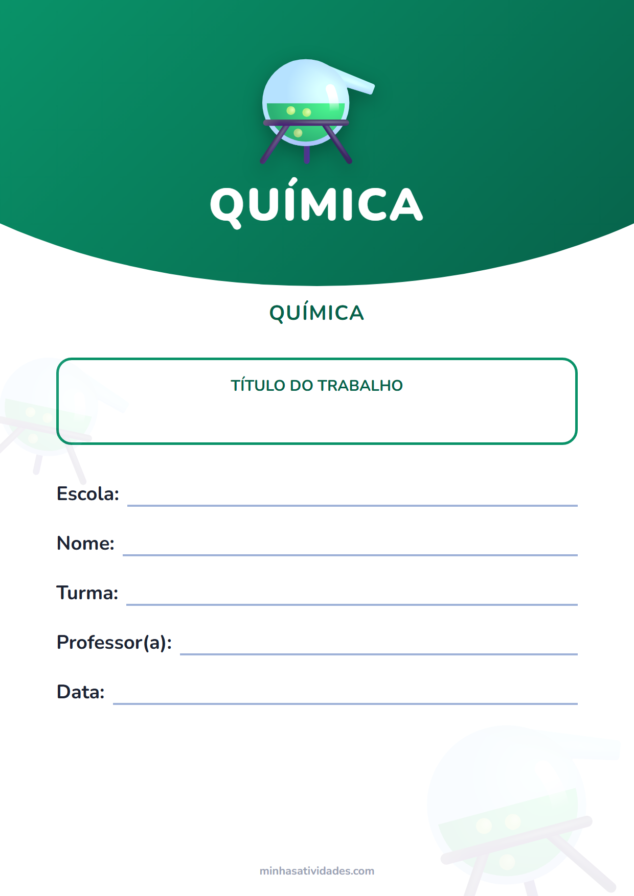 Capas de trabalho escolar para imprimir: 12 modelos por matéria (PDF e Word) 12 Capa de trabalho de química para imprimir, com espaço para nome, turma, professor e escola