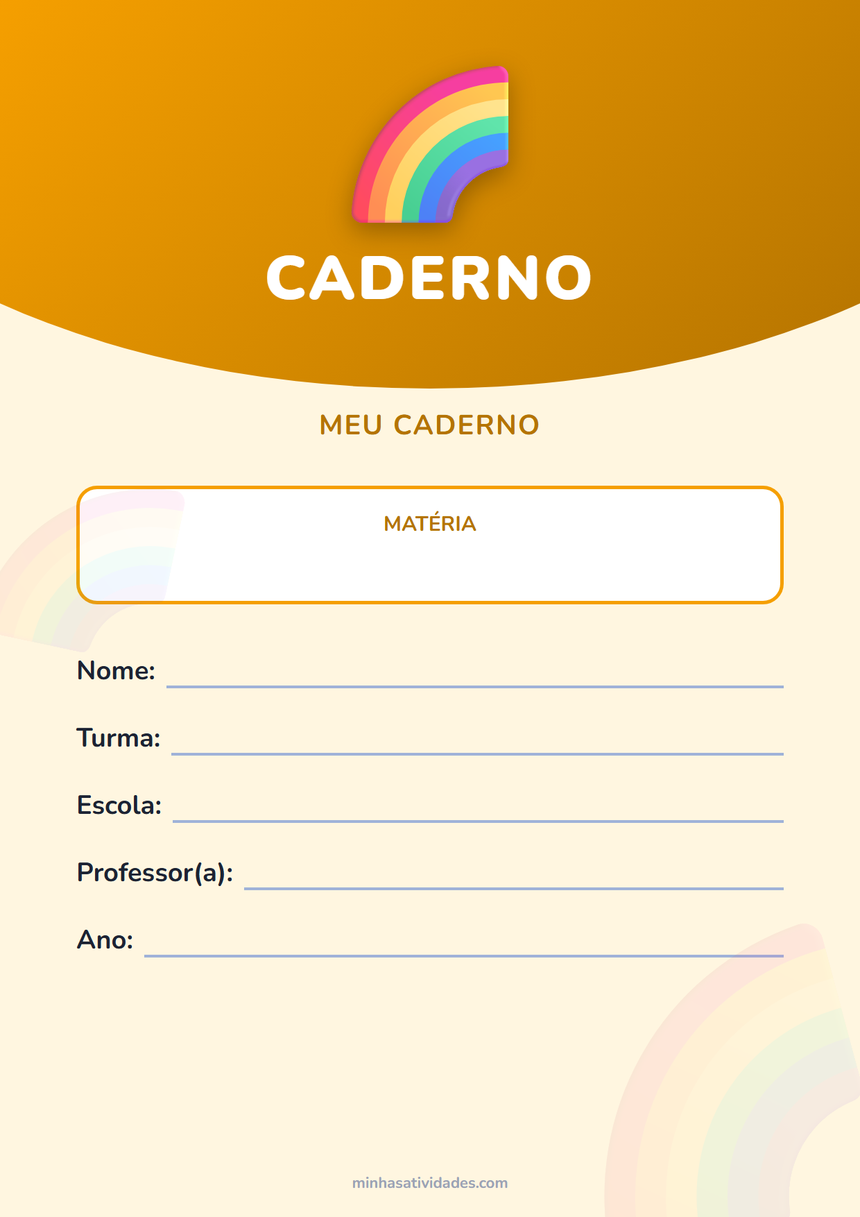 Capinha de caderno de arco-íris para imprimir, com espaço para nome, turma e escola