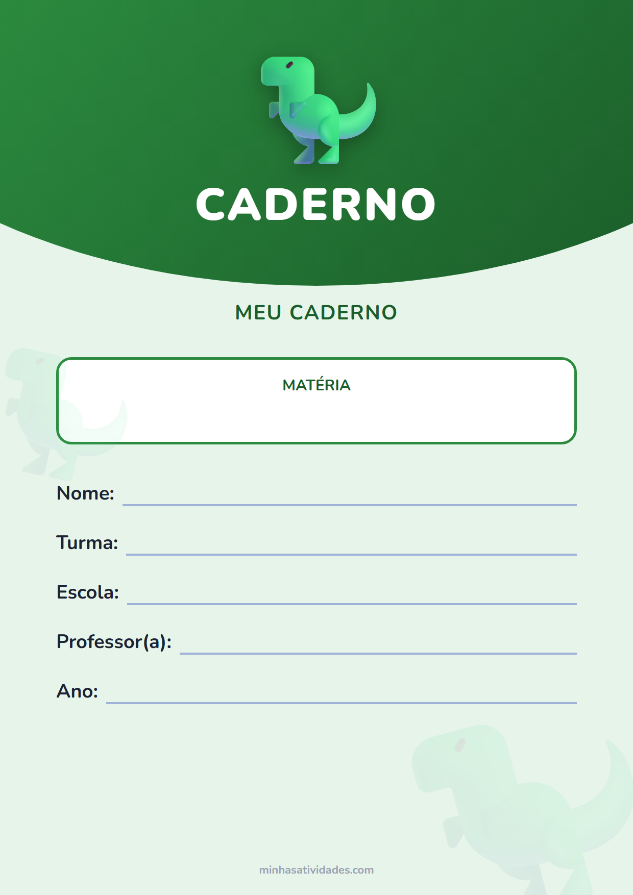 Capinha de caderno de dinossauros para imprimir, com espaço para nome, turma e escola