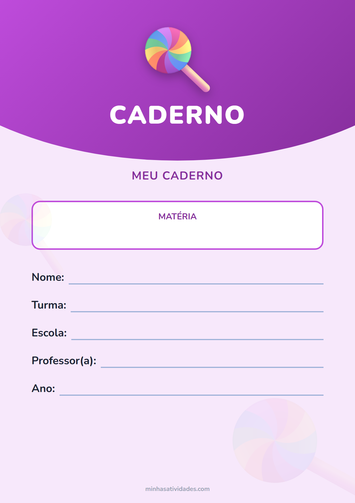 Capinha de caderno de doces para imprimir, com espaço para nome, turma e escola