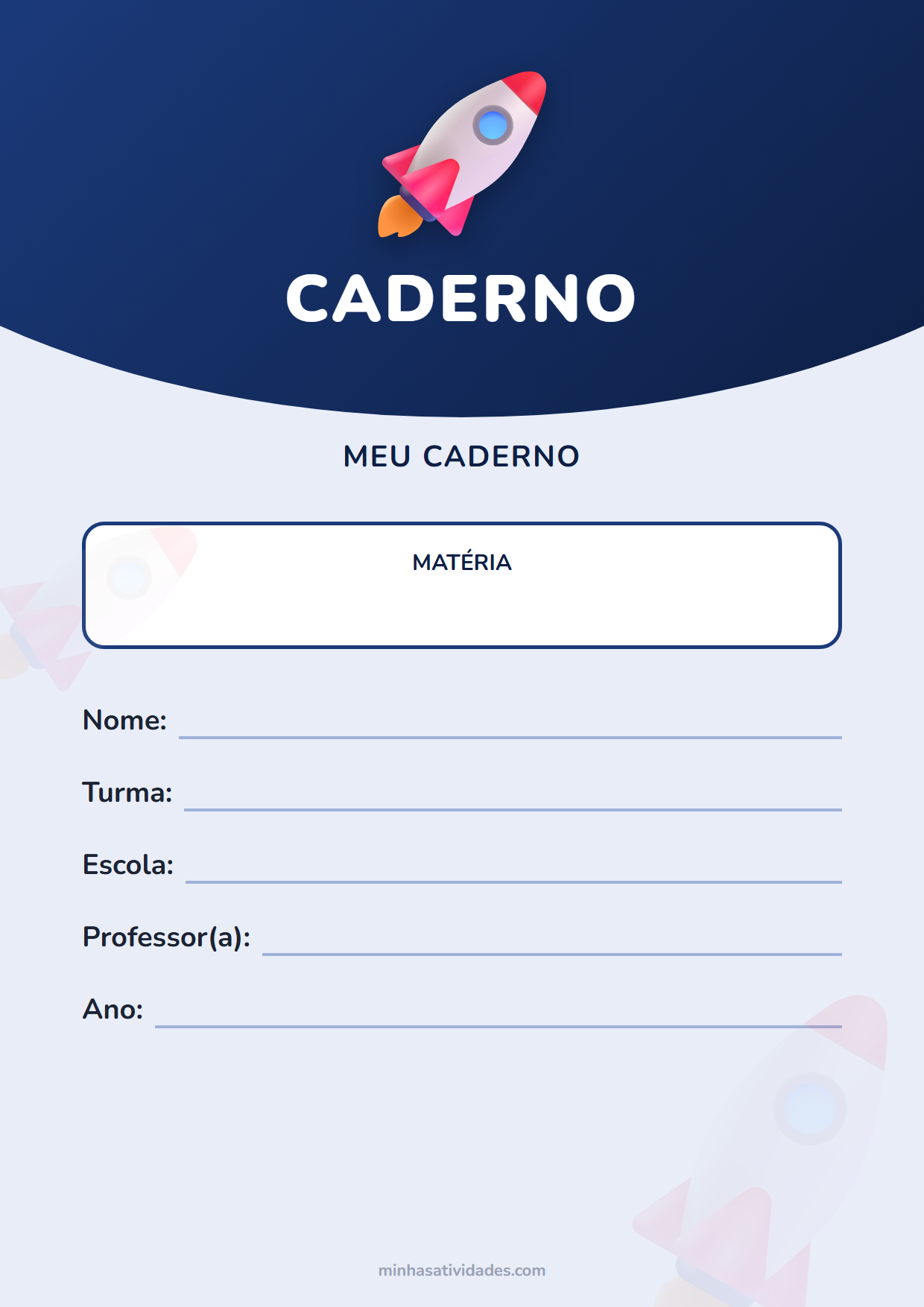 Capinha de caderno do espaço para imprimir, com espaço para nome, turma e escola