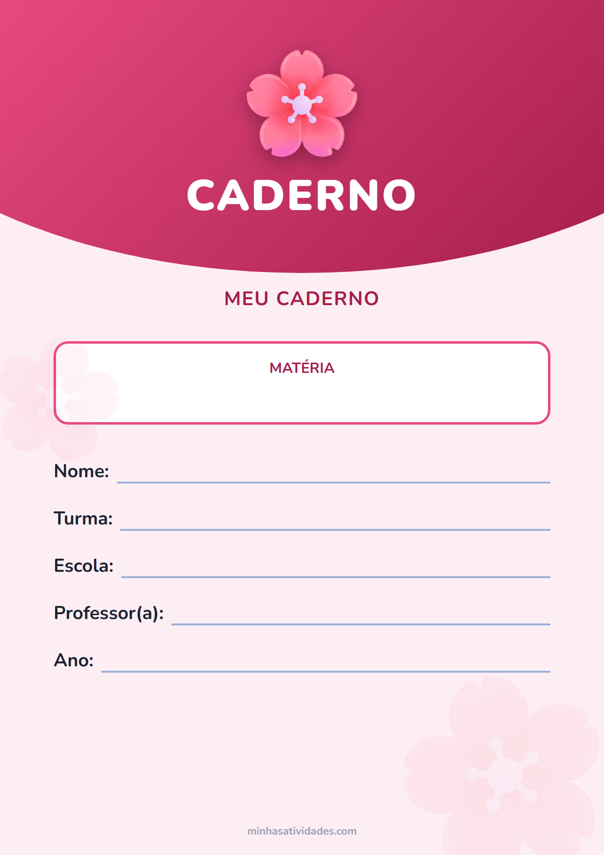 Capinha de caderno de flores para imprimir, com espaço para nome, turma e escola
