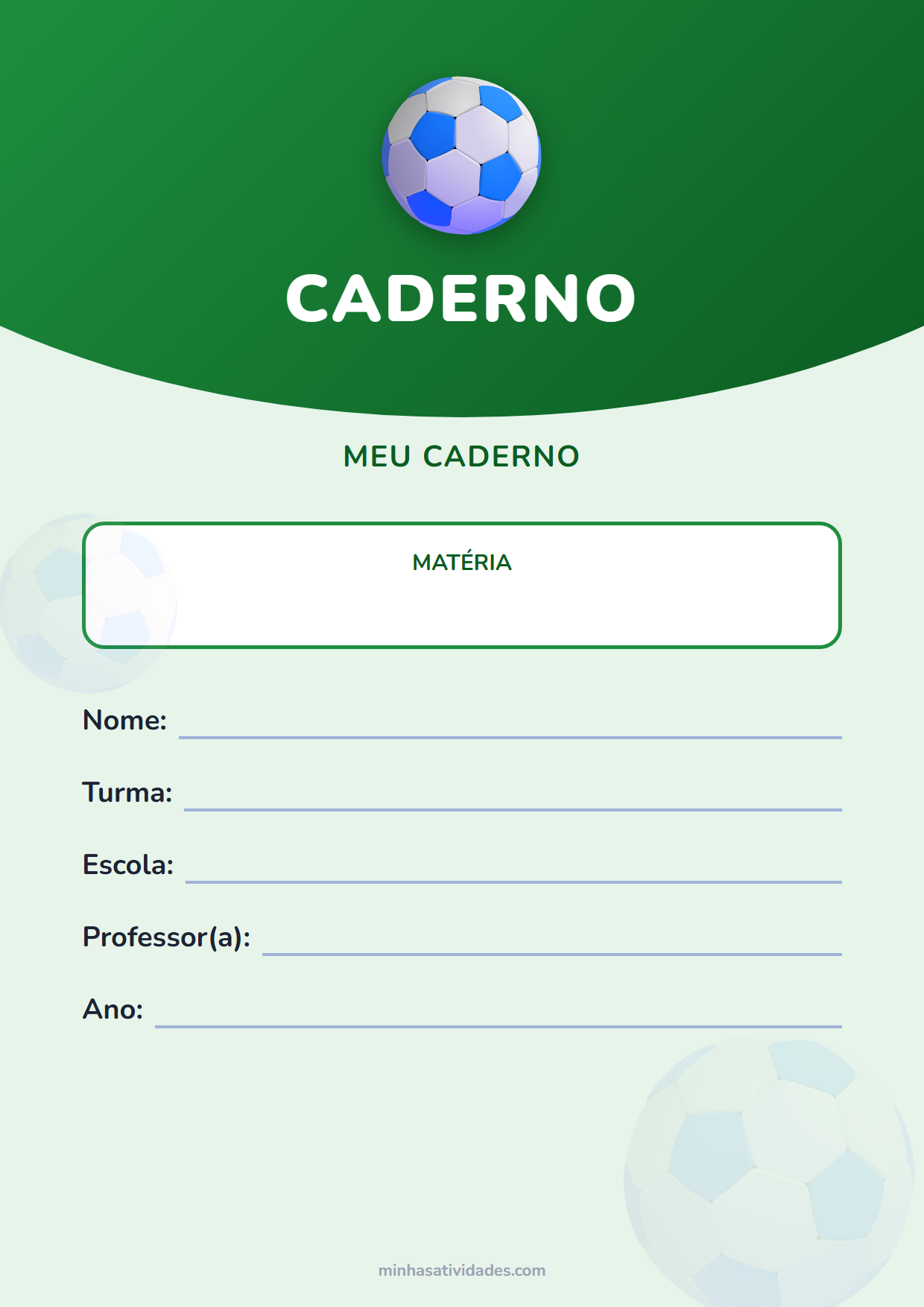 Capinha de caderno de futebol para imprimir, com espaço para nome, turma e escola