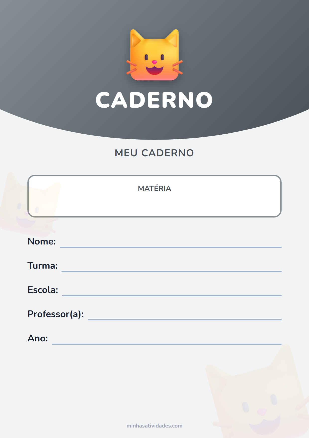 Capinha de caderno de gatinhos para imprimir, com espaço para nome, turma e escola