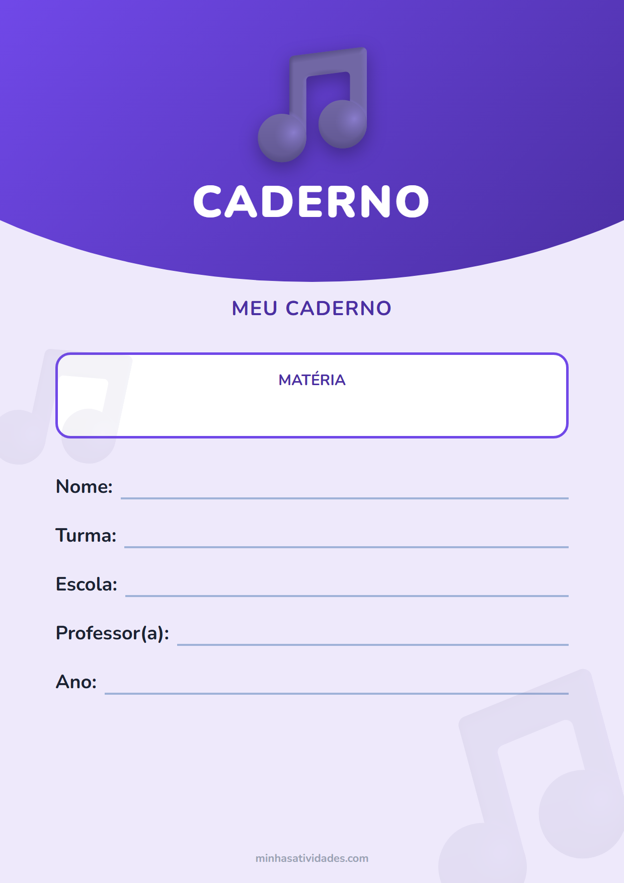 Capinha de caderno de música para imprimir, com espaço para nome, turma e escola