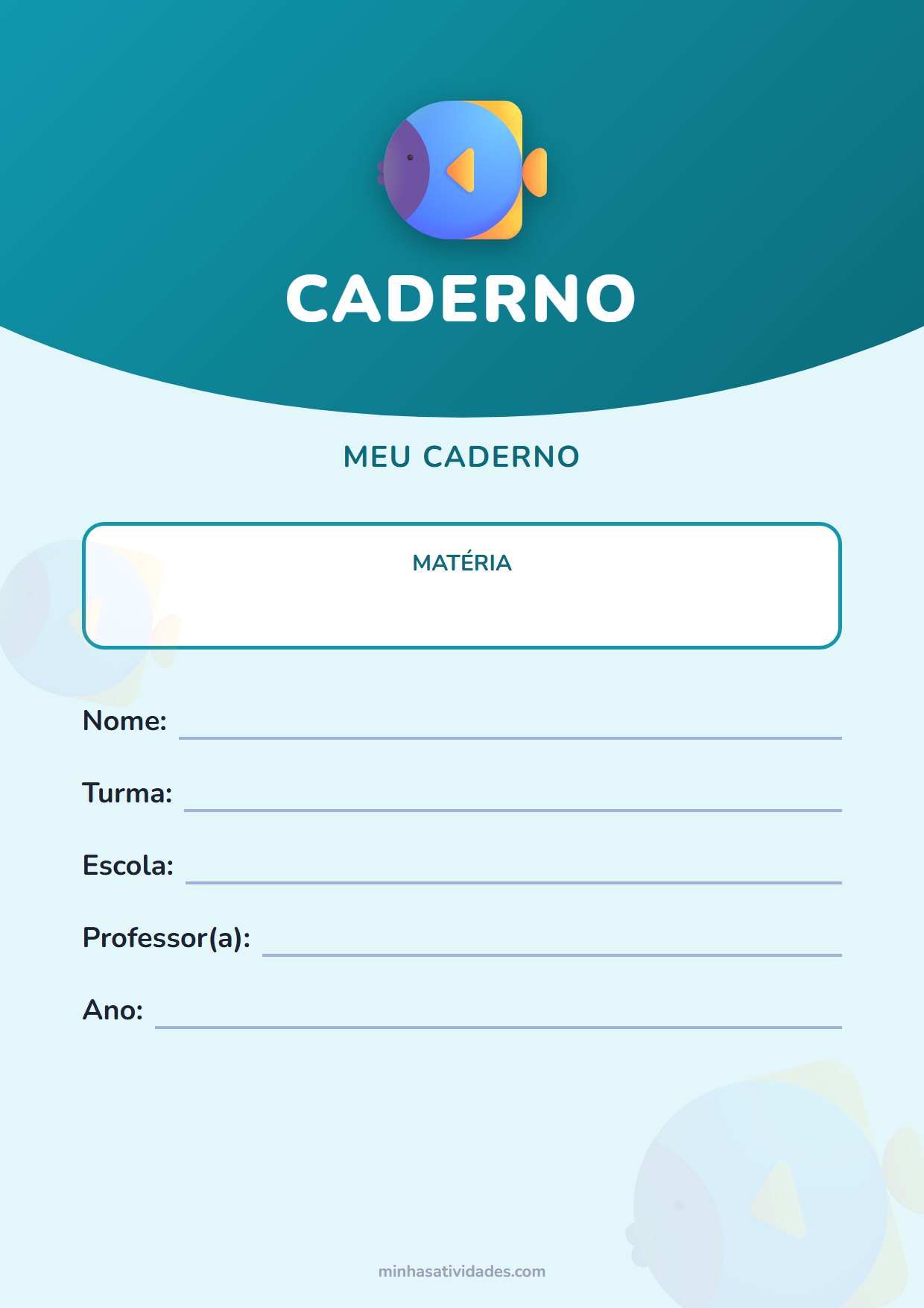 Capinha de caderno do fundo do mar para imprimir, com espaço para nome, turma e escola