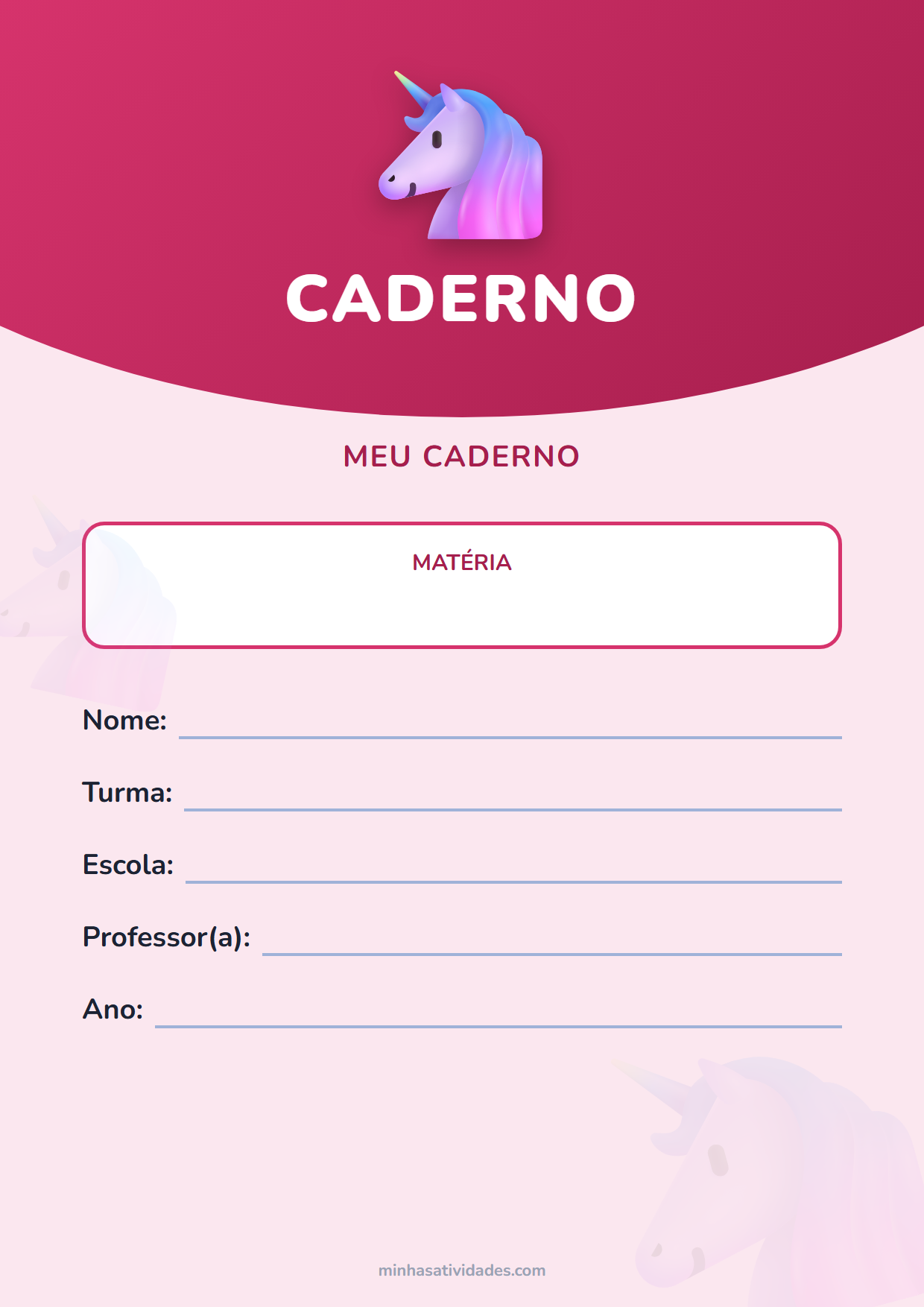 Capinha de caderno de unicórnio para imprimir, com espaço para nome, turma e escola