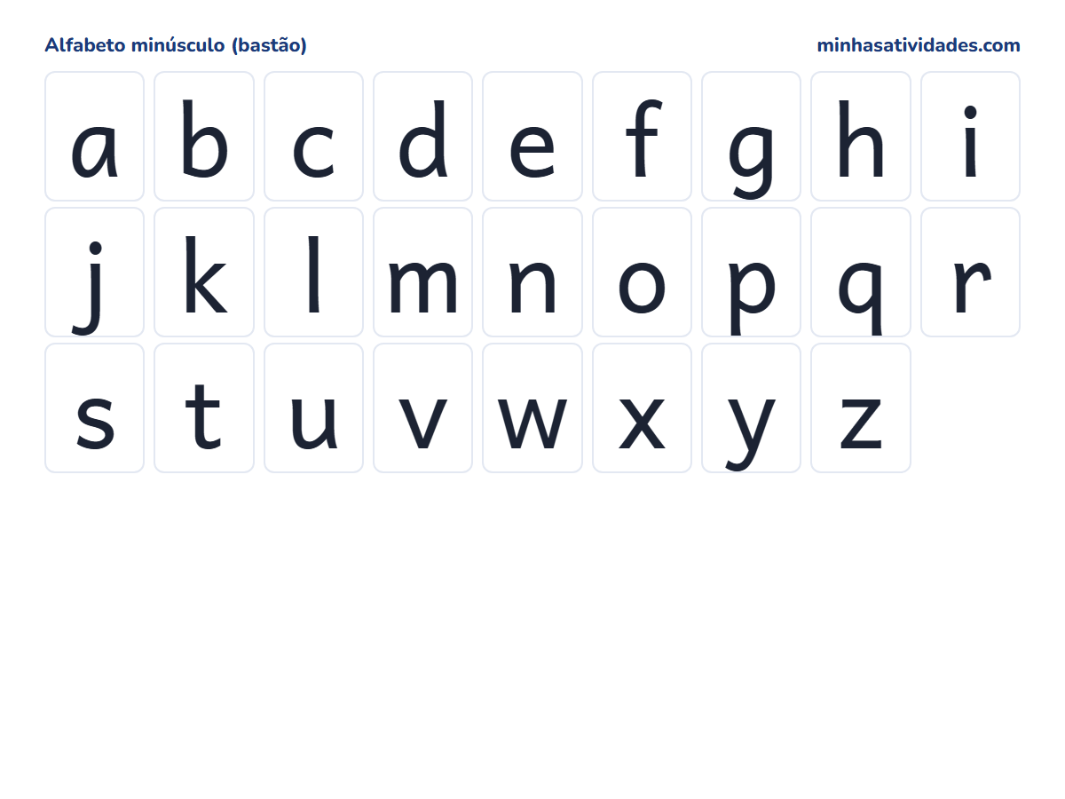 Alfabeto minúsculo completo para imprimir, letras de a a z em letra bastão