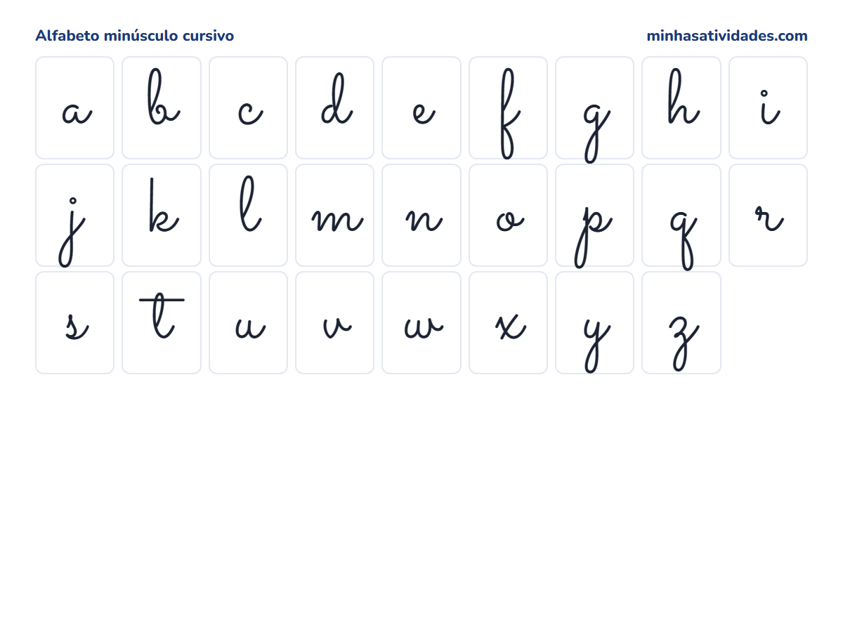 Alfabeto minúsculo cursivo para imprimir, letras de a a z