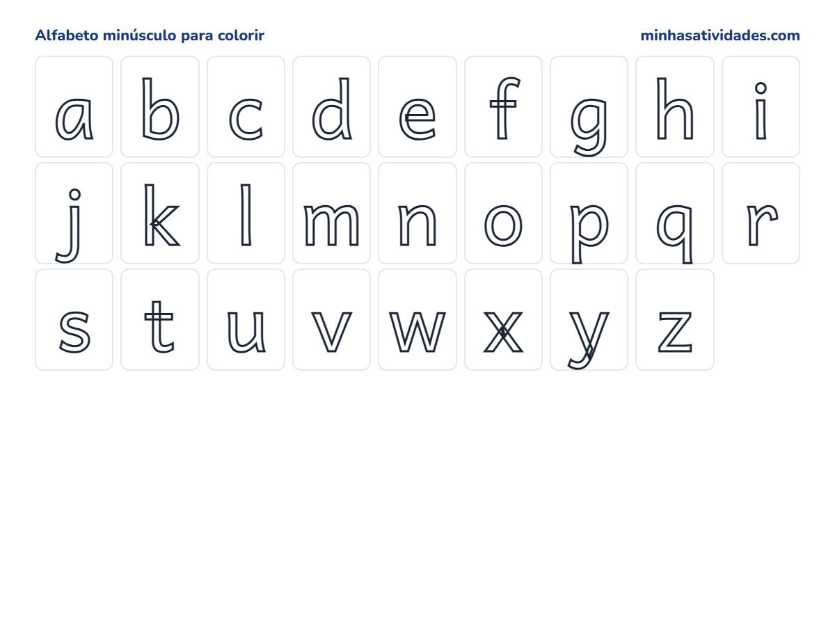 Alfabeto minúsculo para colorir, letras vazadas de a a z para imprimir