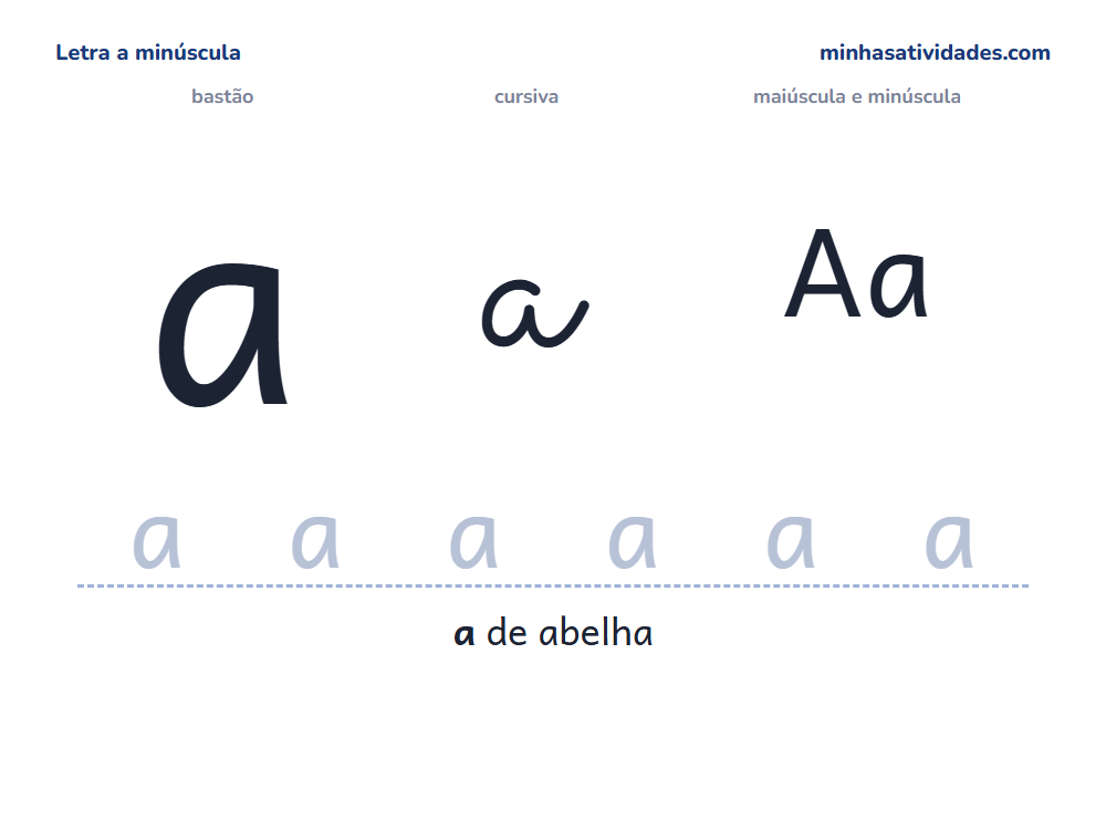 Letra a minúscula para imprimir em bastão e cursiva, com Aa e linha para cobrir