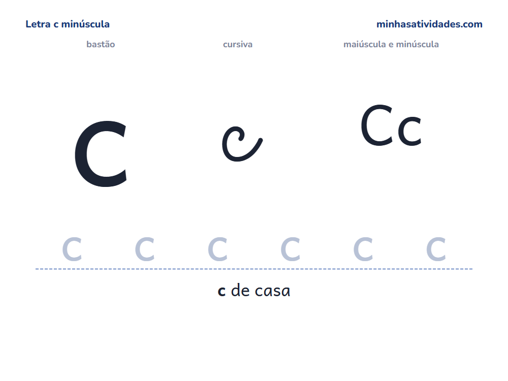 Letra c minúscula para imprimir em bastão e cursiva, com Cc e linha para cobrir