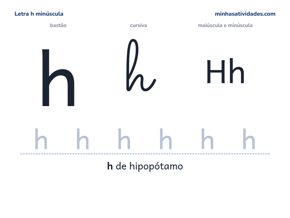Letra h minúscula para imprimir em bastão e cursiva, com Hh e linha para cobrir