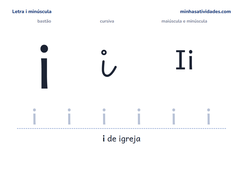 Letra i minúscula para imprimir em bastão e cursiva, com Ii e linha para cobrir
