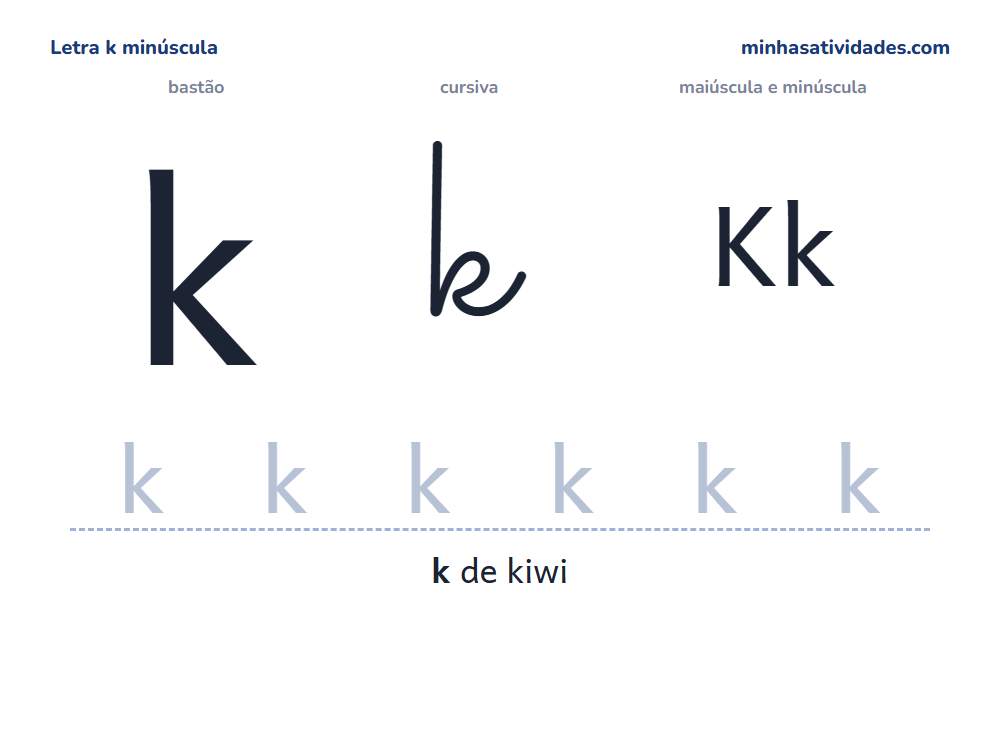 Letra k minúscula para imprimir em bastão e cursiva, com Kk e linha para cobrir