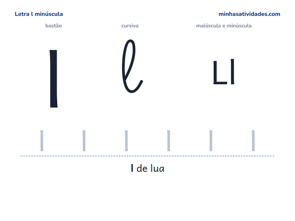 Letra l minúscula para imprimir em bastão e cursiva, com Ll e linha para cobrir