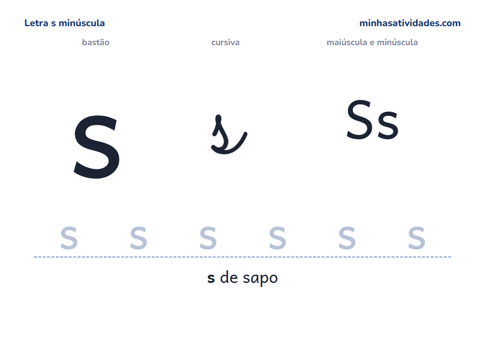 Letra s minúscula para imprimir em bastão e cursiva, com Ss e linha para cobrir