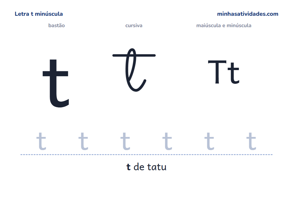 Letra t minúscula para imprimir em bastão e cursiva, com Tt e linha para cobrir
