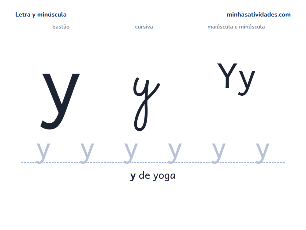 Letra y minúscula para imprimir em bastão e cursiva, com Yy e linha para cobrir
