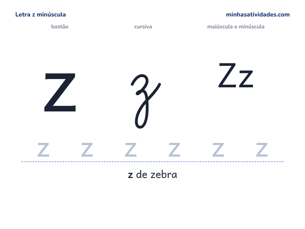 Letra z minúscula para imprimir em bastão e cursiva, com Zz e linha para cobrir