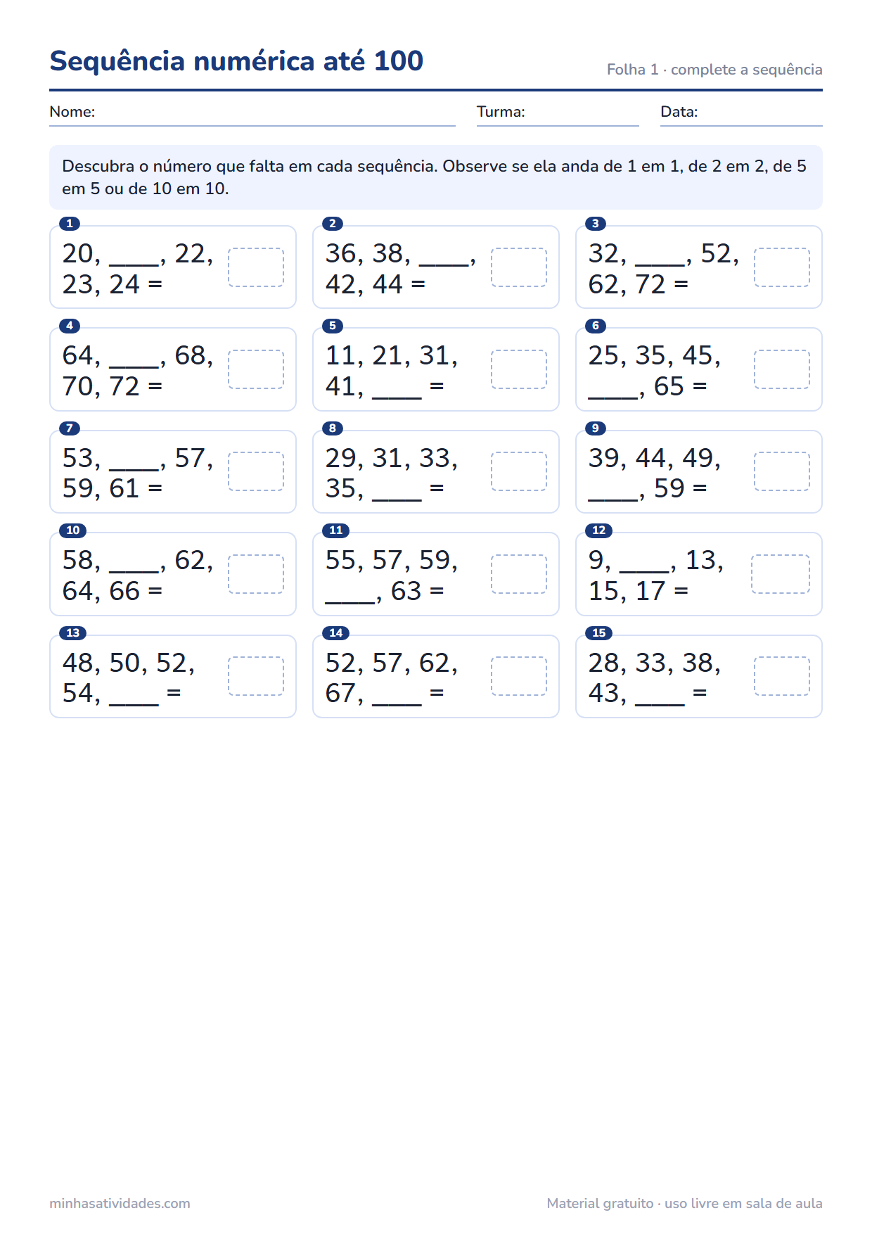 Atividade de matemática 2º ano para imprimir: sequência numérica até 100 (folha 1)