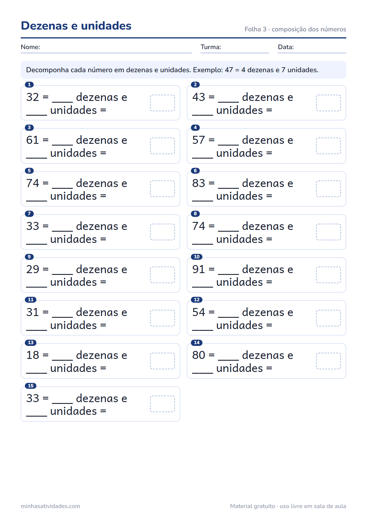 Atividade de matemática 2º ano para imprimir: dezenas e unidades (folha 3)