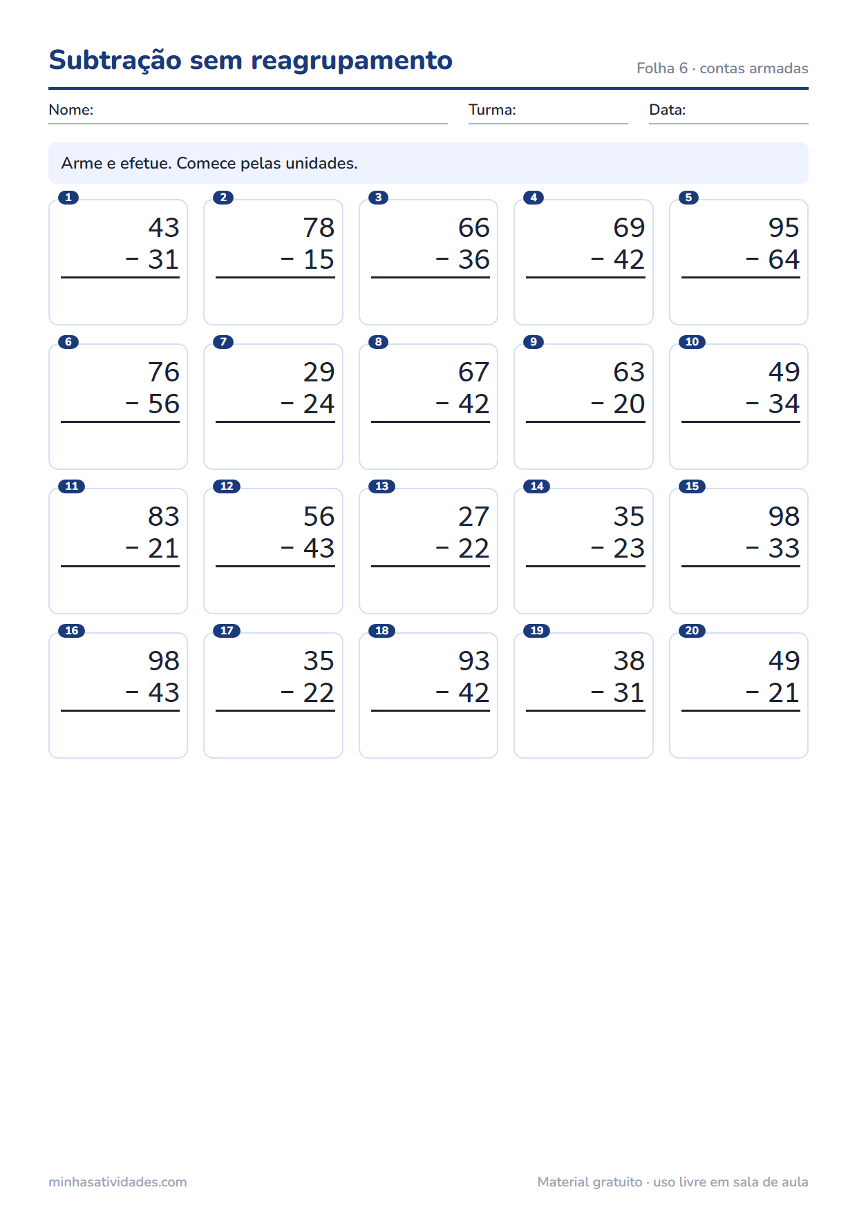 Atividade de matemática 2º ano para imprimir: subtração sem reagrupamento (folha 6)